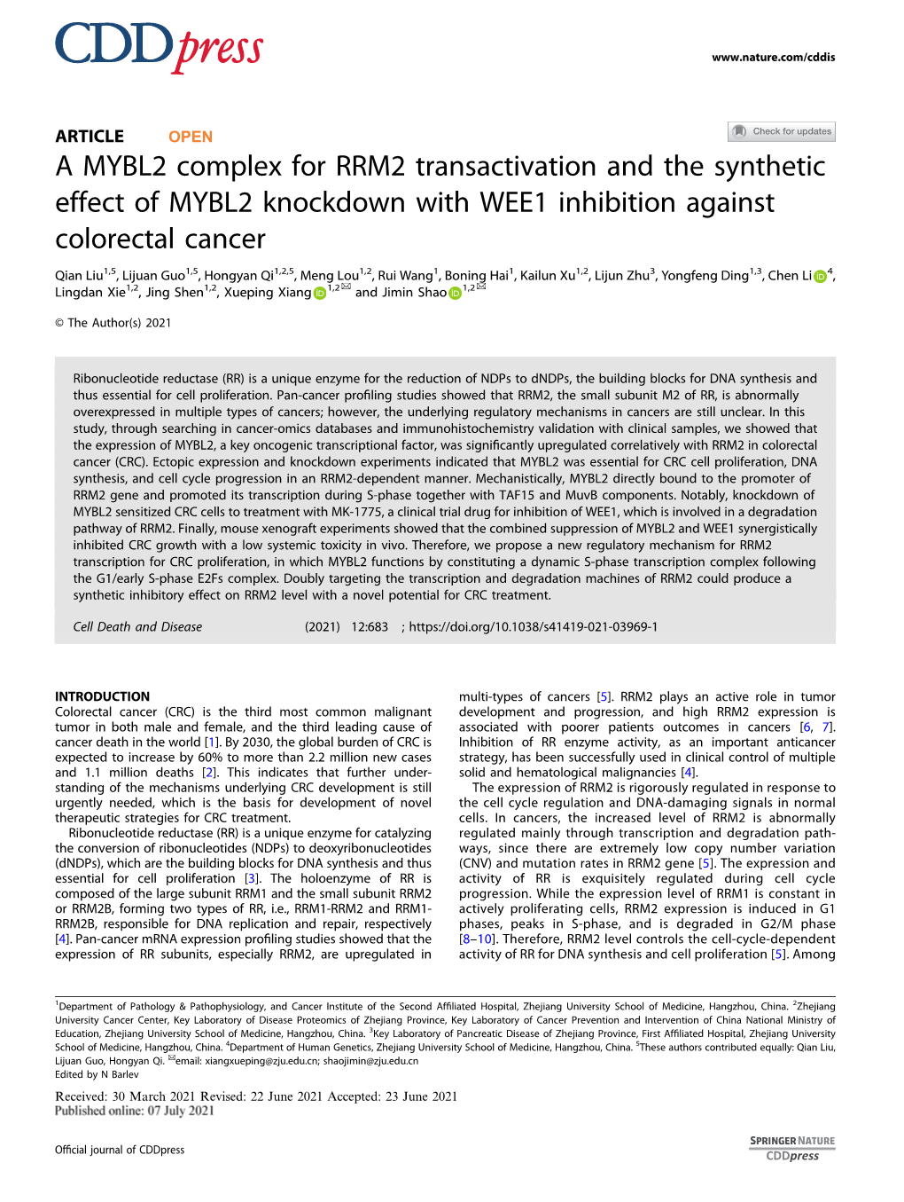 A MYBL2 Complex for RRM2 Transactivation and the Synthetic Effect of MYBL2 Knockdown with WEE1 Inhibition Against Colorectal Cancer