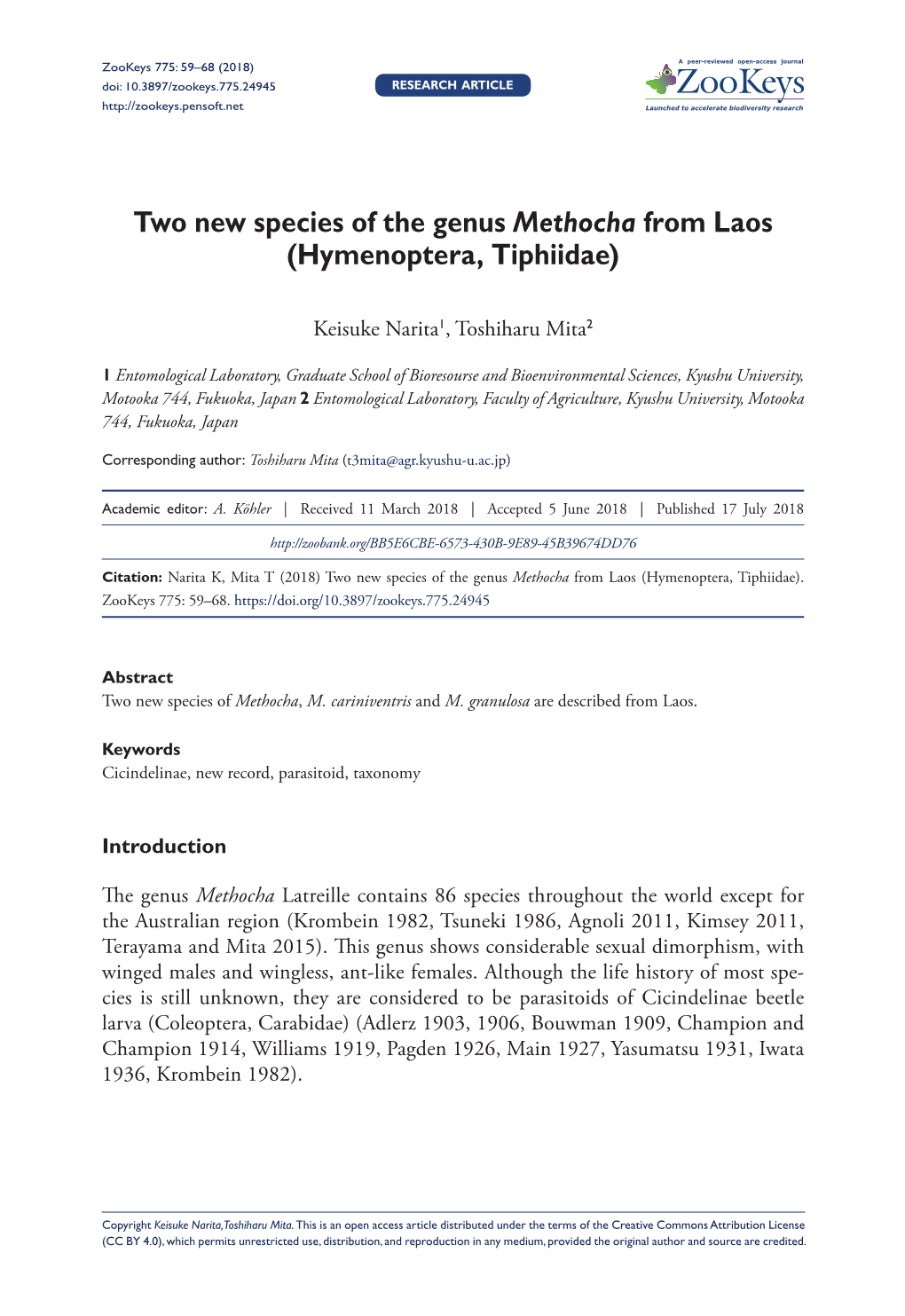 Two New Species of the Genus Methocha from Laos (Hymenoptera, Tiphiidae)