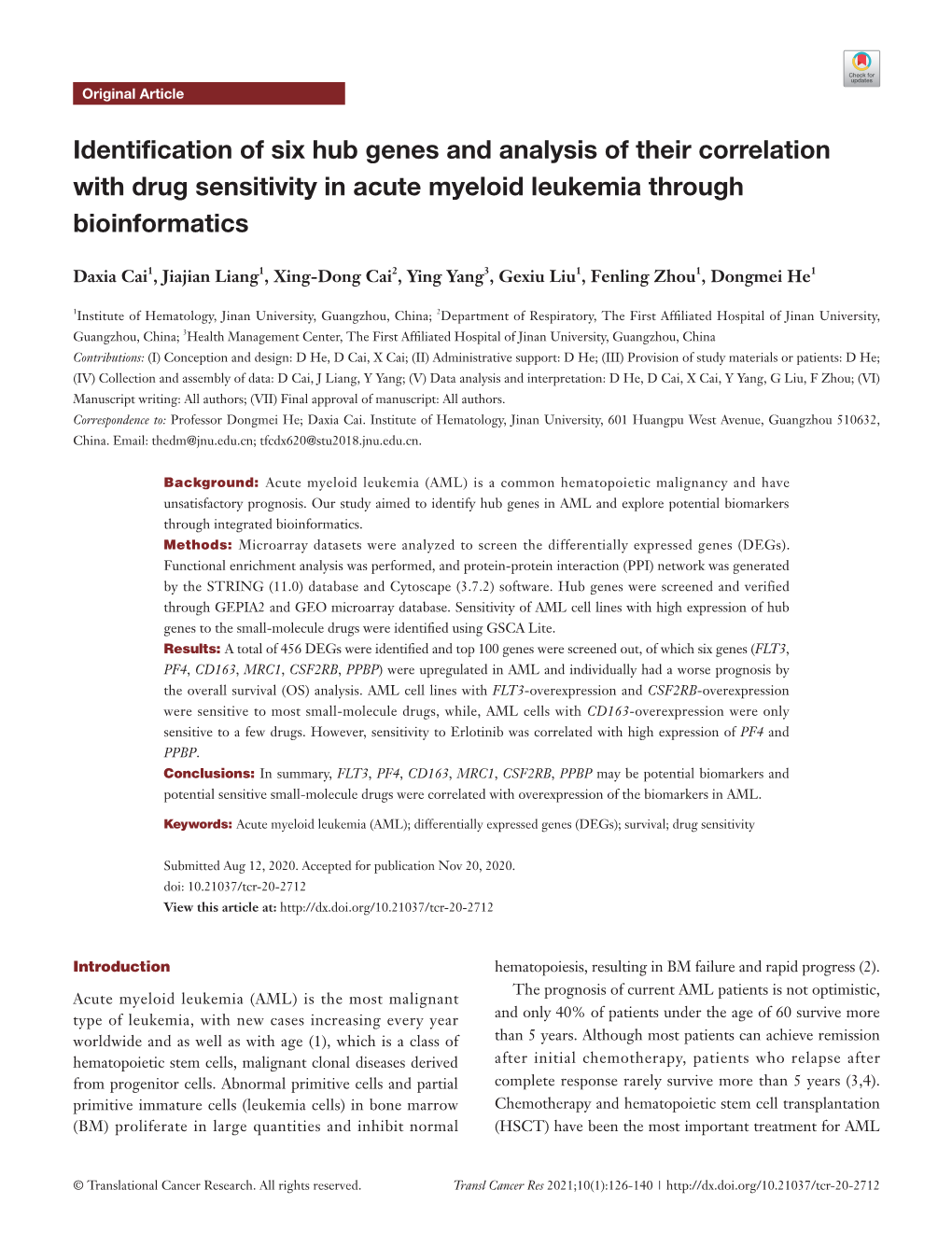 Identification of Six Hub Genes and Analysis of Their Correlation with Drug Sensitivity in Acute Myeloid Leukemia Through Bioinformatics