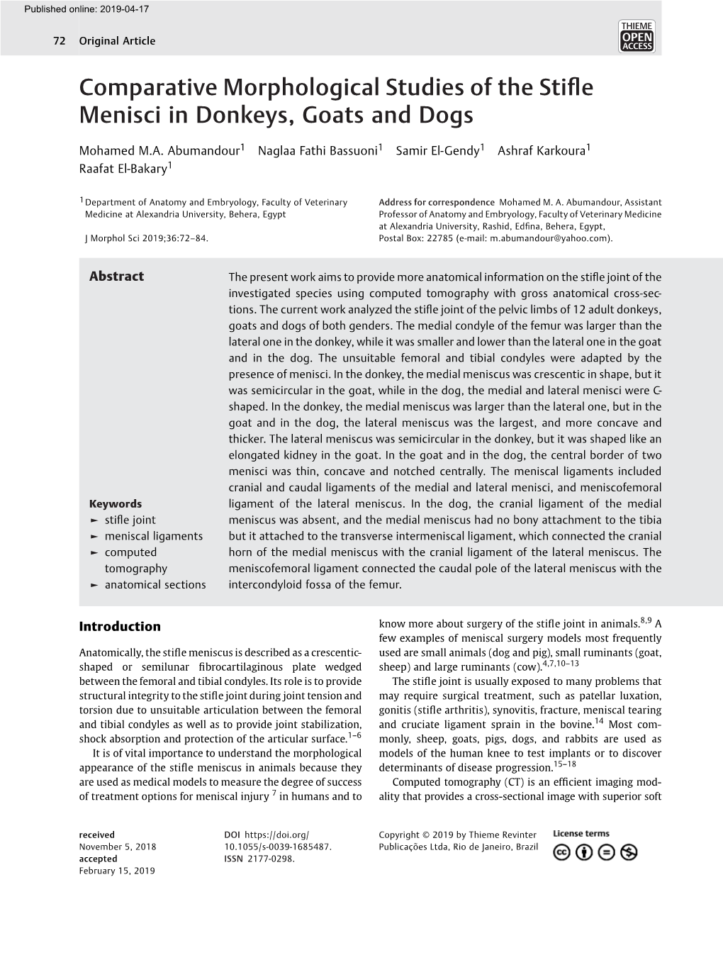 Comparative Morphological Studies of the Stifle Menisci in Donkeys