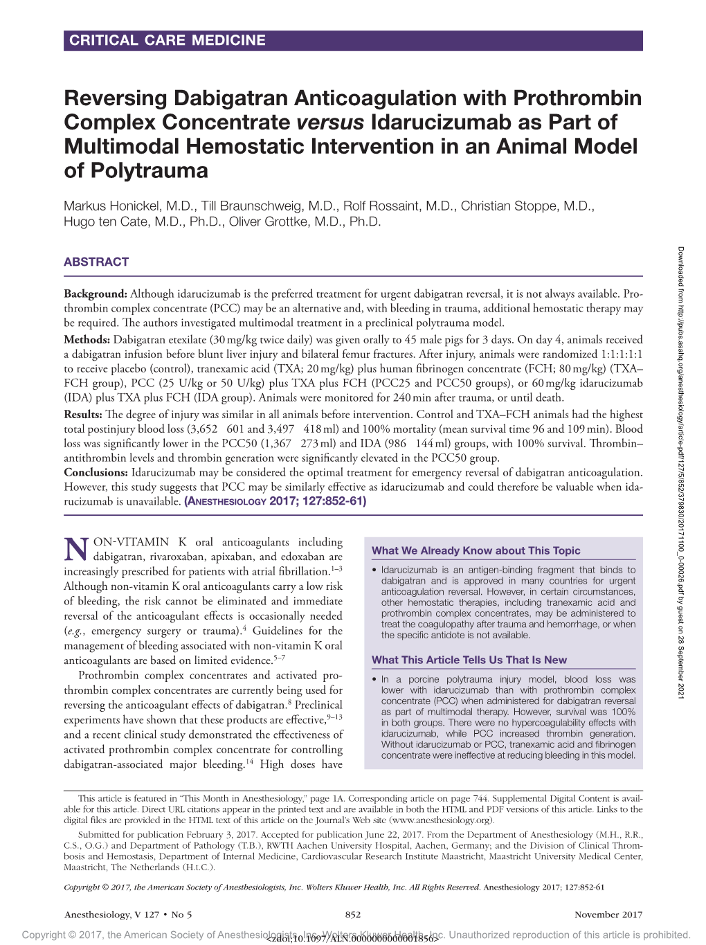 Reversing Dabigatran Anticoagulation with Prothrombin Complex