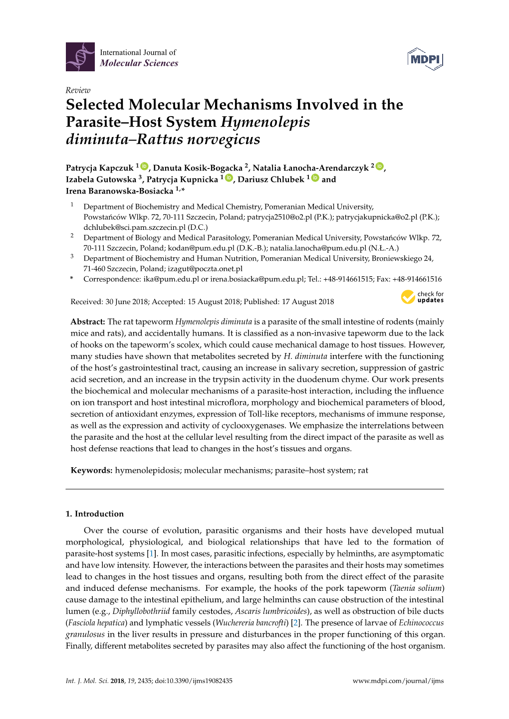 Selected Molecular Mechanisms Involved in the Parasite–Host System Hymenolepis Diminuta–Rattus Norvegicus