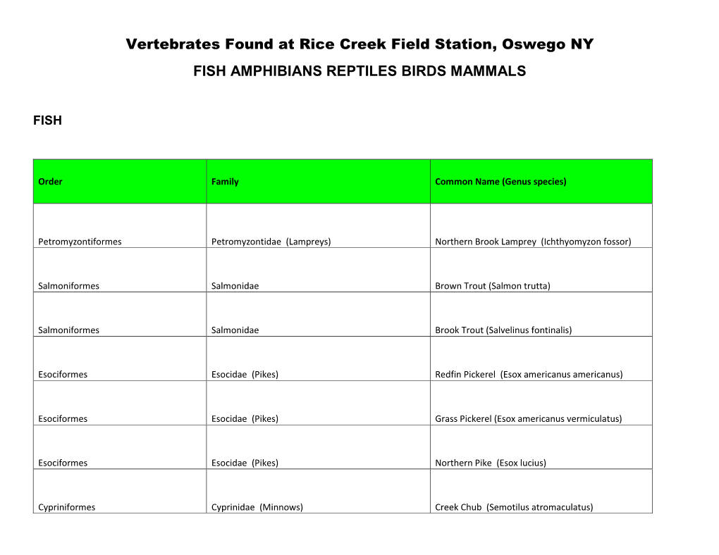 Vertebrates Found at Rice Creek Field Station, Oswego NY FISH AMPHIBIANS REPTILES BIRDS MAMMALS