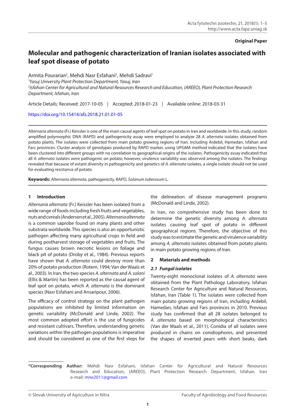 Molecular and Pathogenic Characterization of Iranian Isolates Associated with Leaf Spot Disease of Potato