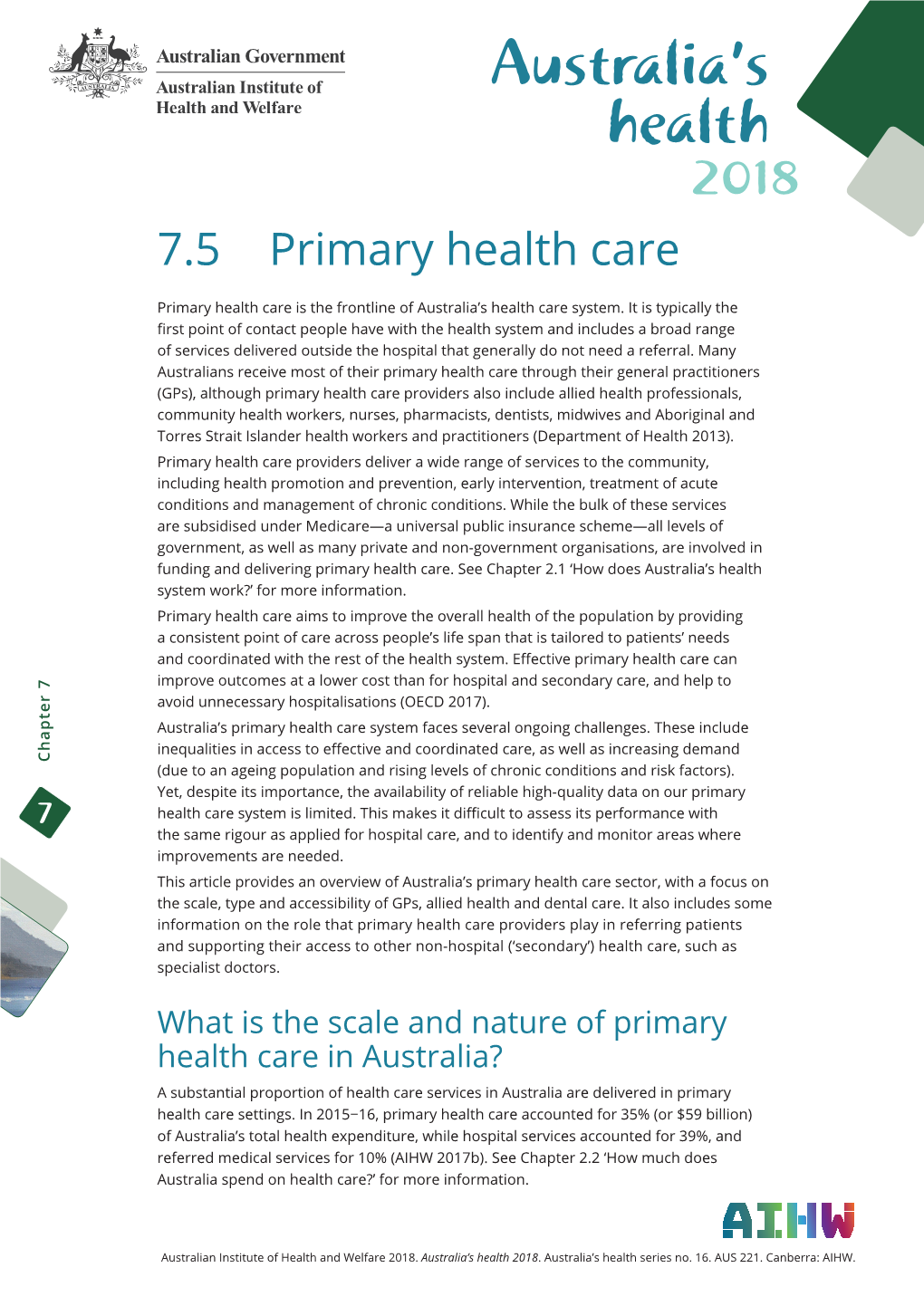 7.5 Primary Health Care, Chapter 7 Prevention, Treatment and Health Services (Australia's Health 2018) (AIHW)