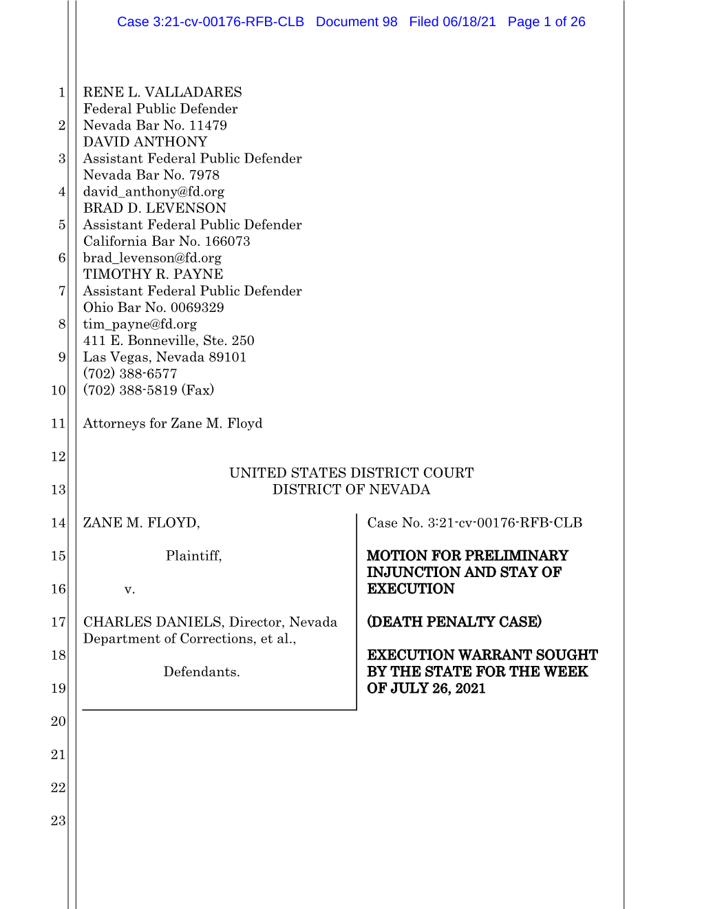 Motion for Preliminary Injunction & Stay of Execution