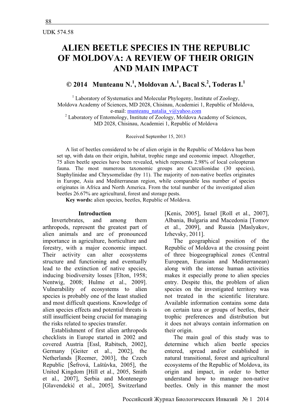 Alien Beetle Species in the Republic of Moldova: a Review of Their Origin and Main Impact