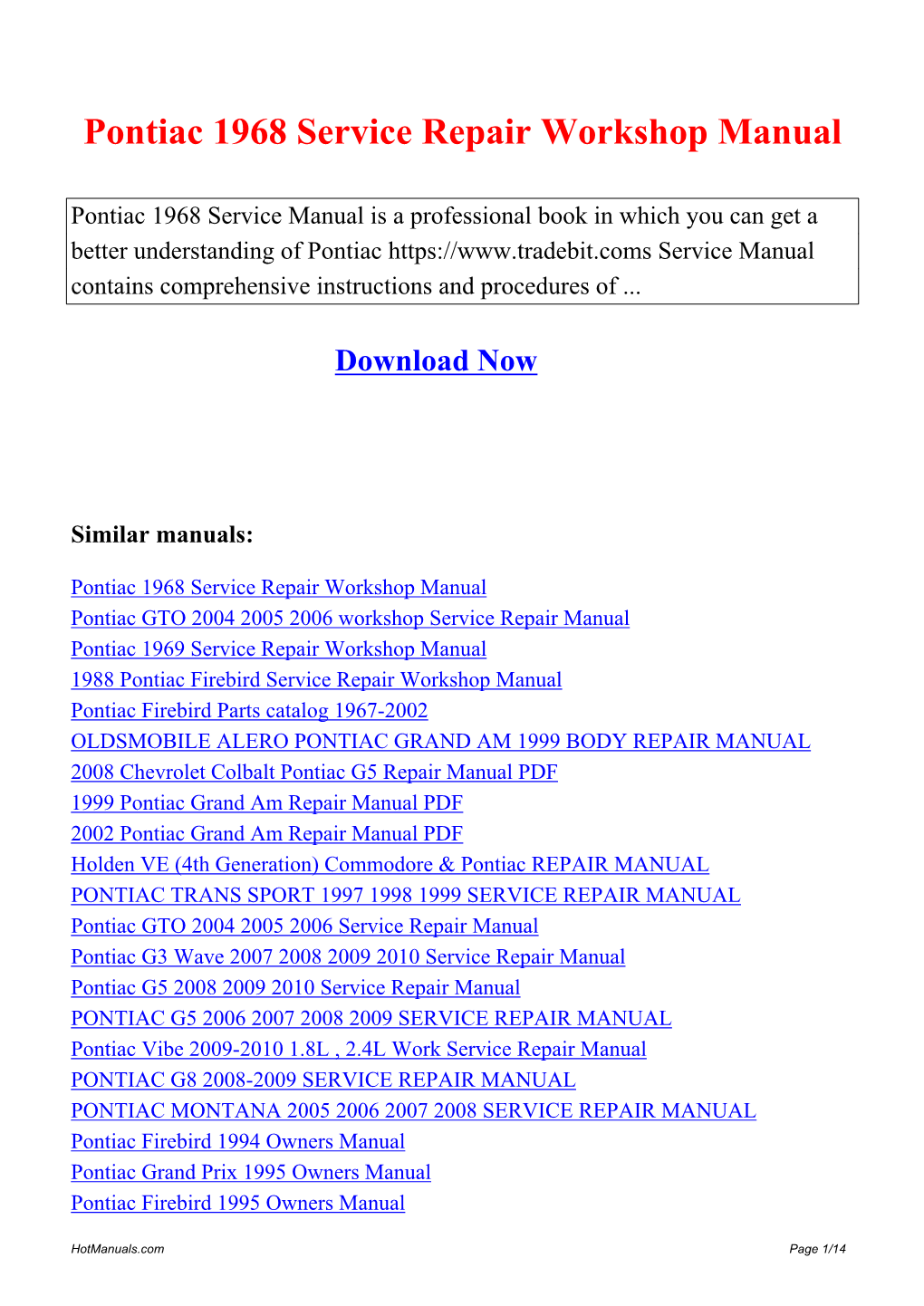 Pontiac 1968 Service Repair Workshop Manual