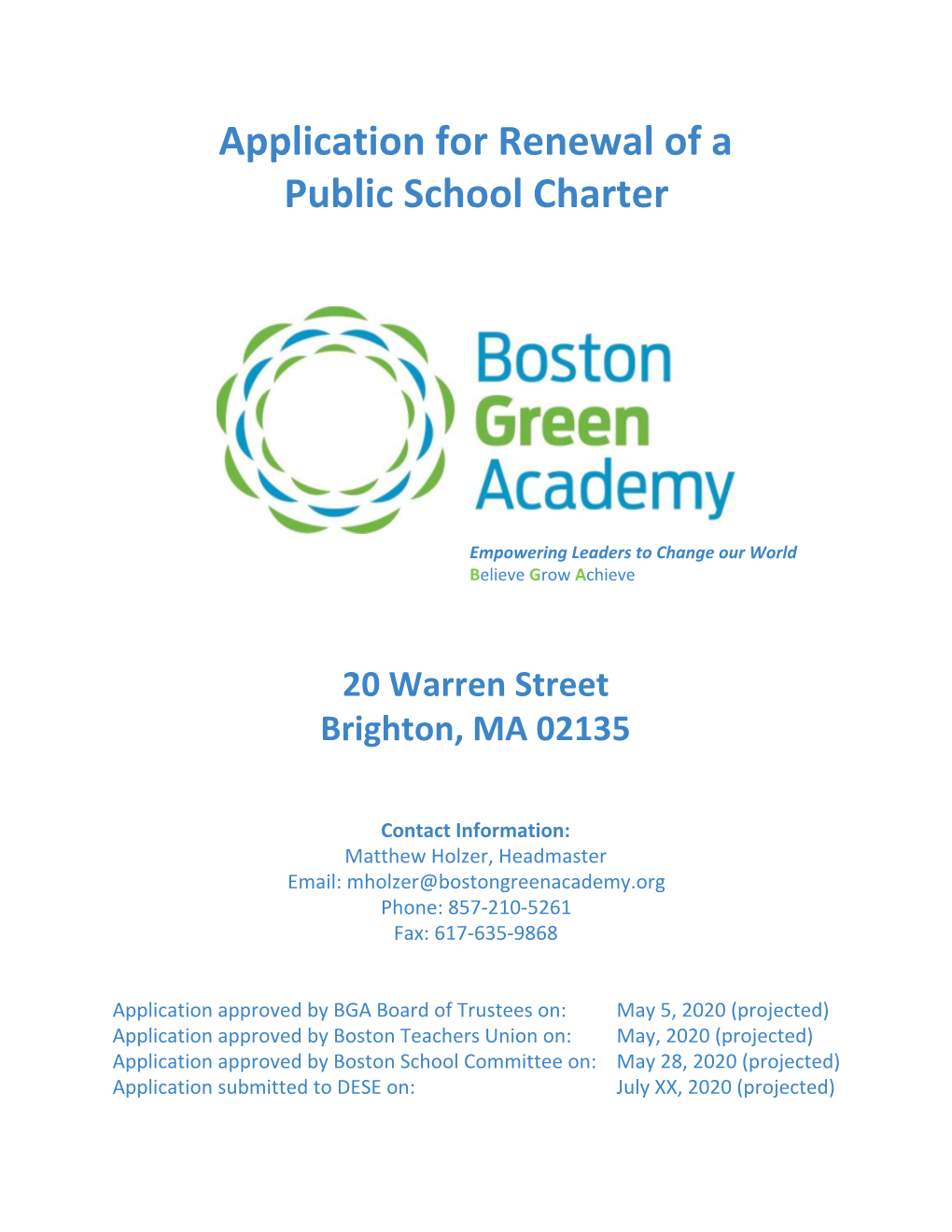 Application for Renewal of a Public School Charter