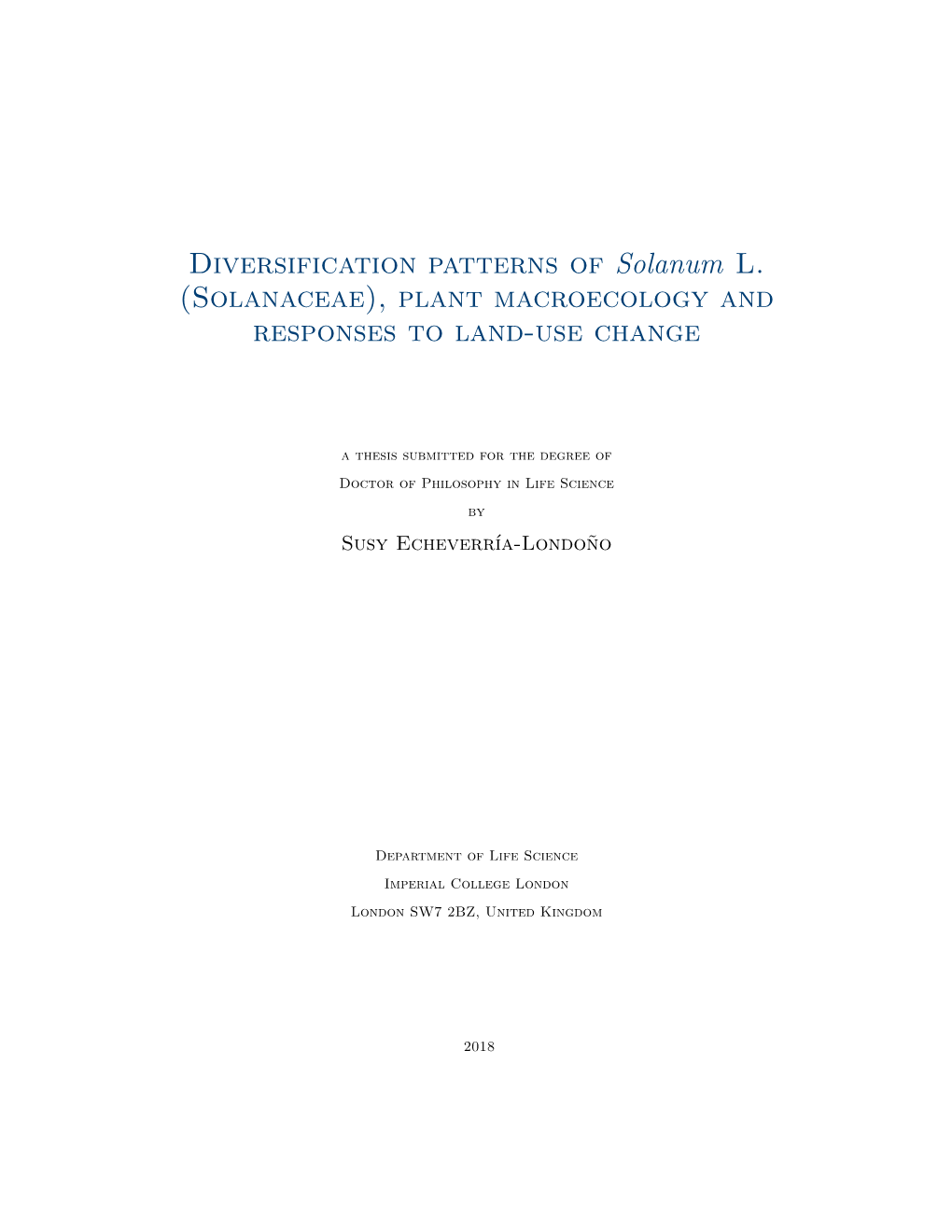 Solanaceae), Plant Macroecology and Responses to Land-Use Change