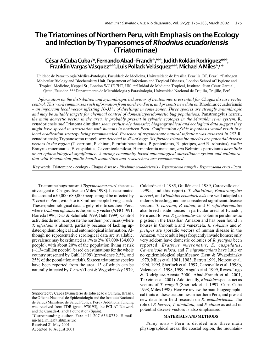 The Triatomines of Northern Peru, with Emphasis on the Ecology