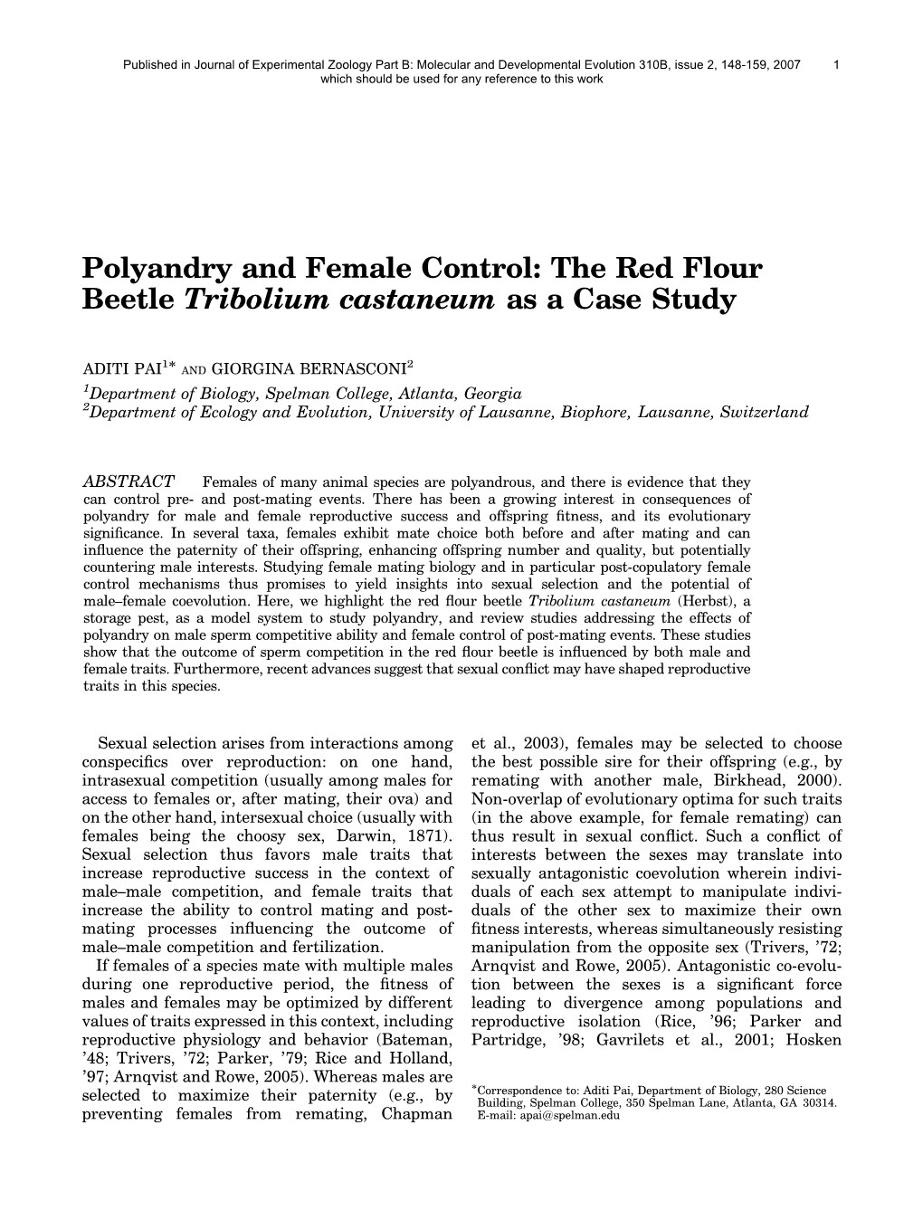 Polyandry and Female Control: the Red Flour Beetle Tribolium Castaneum As a Case Study