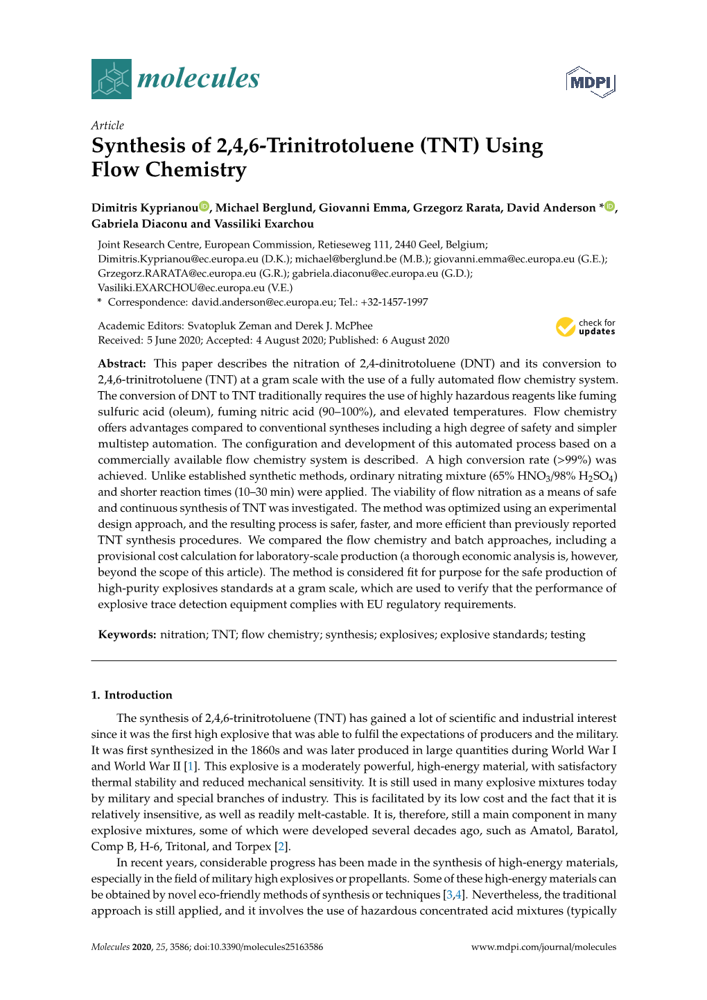 Synthesis of 2, 4, 6-Trinitrotoluene (TNT) Using Flow Chemistry