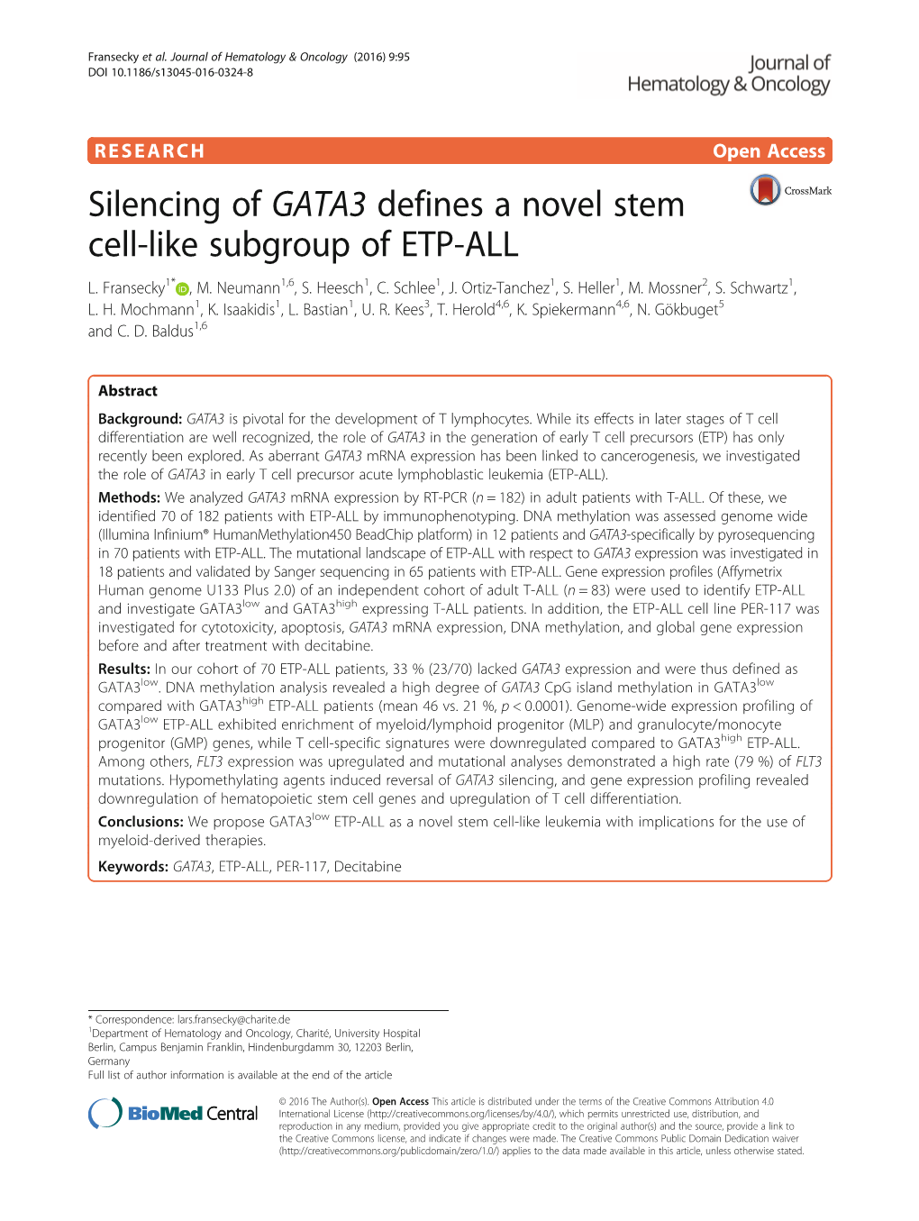 Silencing of GATA3 Defines a Novel Stem Cell-Like Subgroup of ETP-ALL L