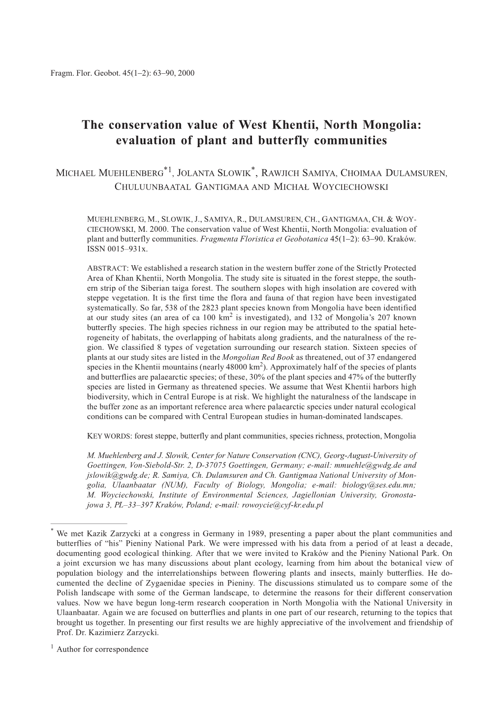 The Conservation Value of West Khentii, North Mongolia: Evaluation of Plant and Butterfly Communities