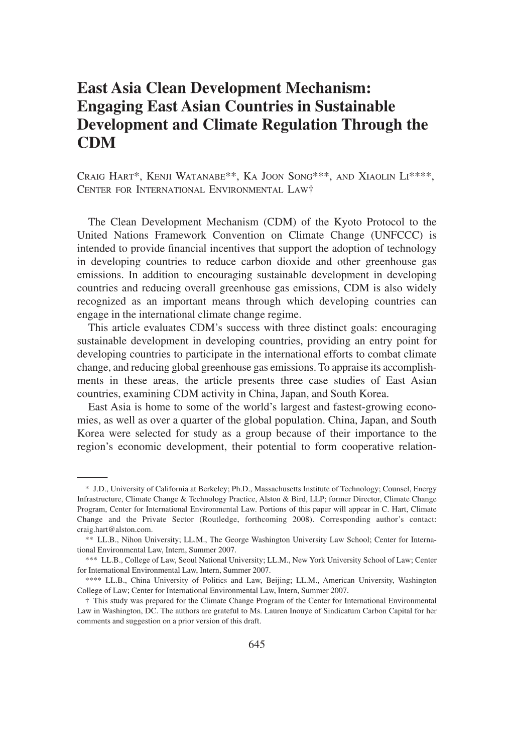 East Asia Clean Development Mechanism: Engaging East Asian Countries in Sustainable Development and Climate Regulation Through the CDM