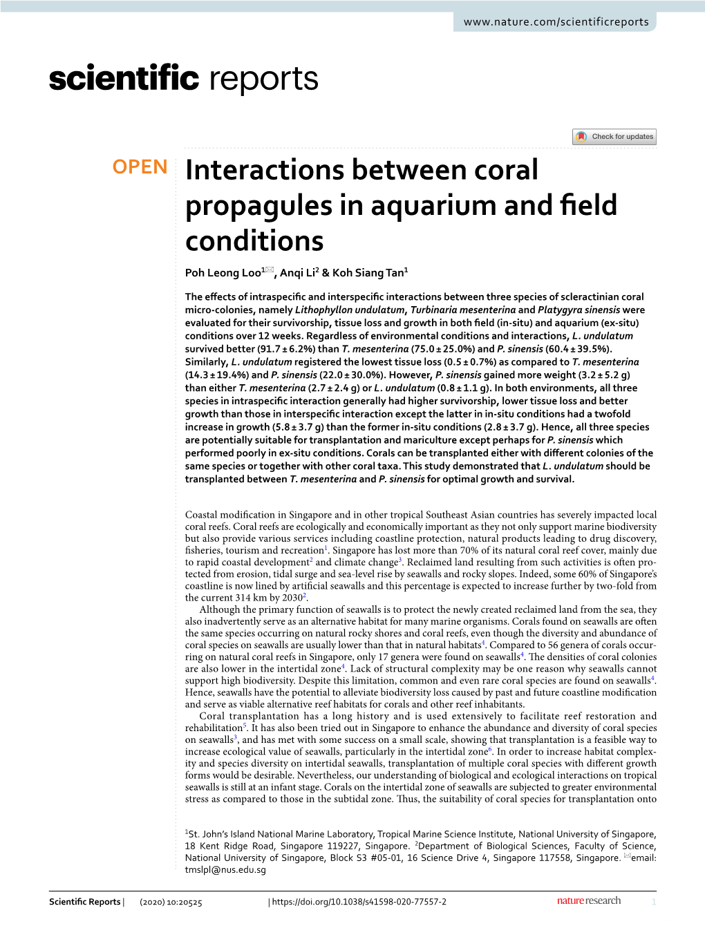 Interactions Between Coral Propagules in Aquarium and Field Conditions