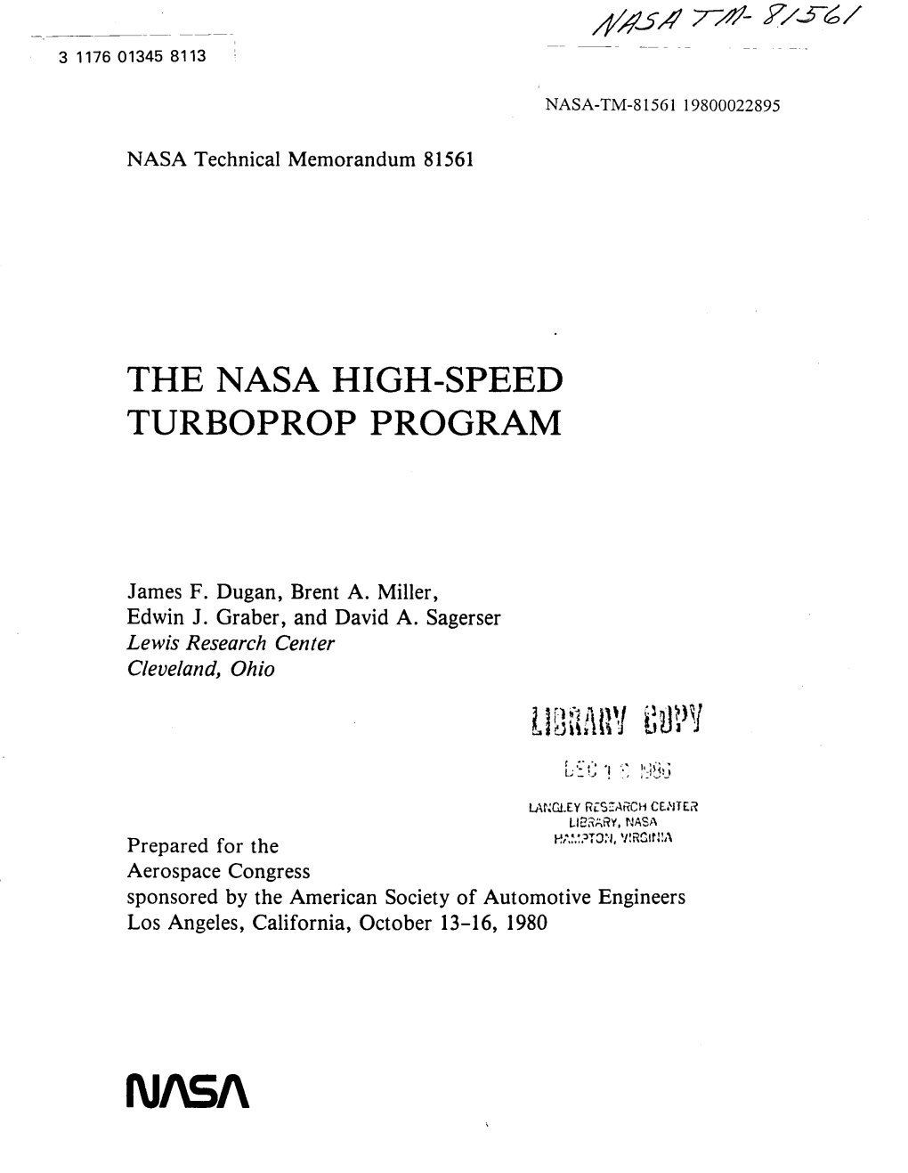 The Nasa High-Speed Turboprop Program