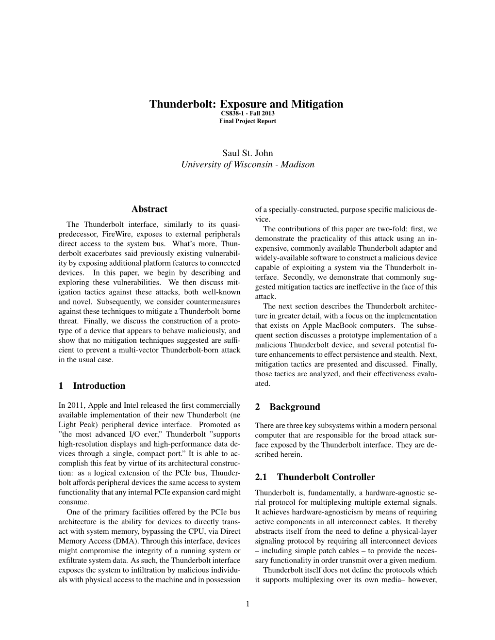 Thunderbolt: Exposure and Mitigation CS838-1 - Fall 2013 Final Project Report