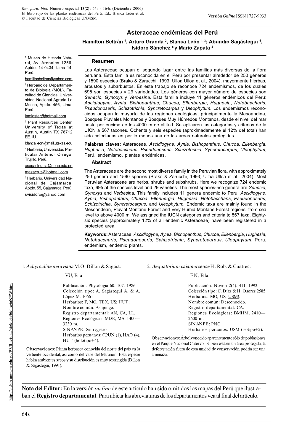 Asteraceae Endémicas Del Perú Nota Del Editor:En La Versión on Linede Este Artículo Han Sido Omitidos Los Mapas Del Perú Qu