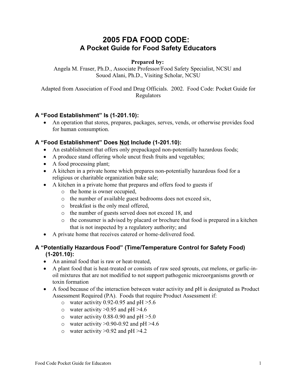 FOOD CODE: a Pocket Guide for Food Safety Educators