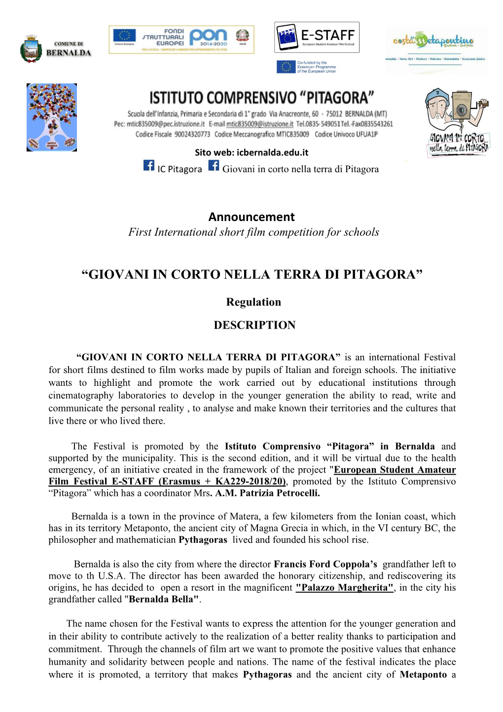 Announcement “GIOVANI in CORTO NELLA TERRA DI PITAGORA”