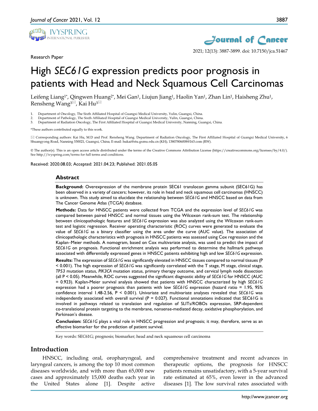 High SEC61G Expression Predicts Poor Prognosis in Patients with Head and Neck Squamous Cell Carcinomas
