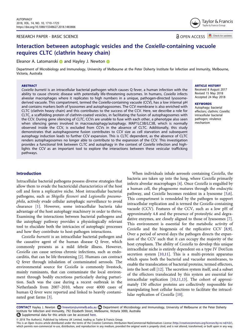 Interaction Between Autophagic Vesicles and the Coxiella-Containing Vacuole Requires CLTC (Clathrin Heavy Chain) Eleanor A