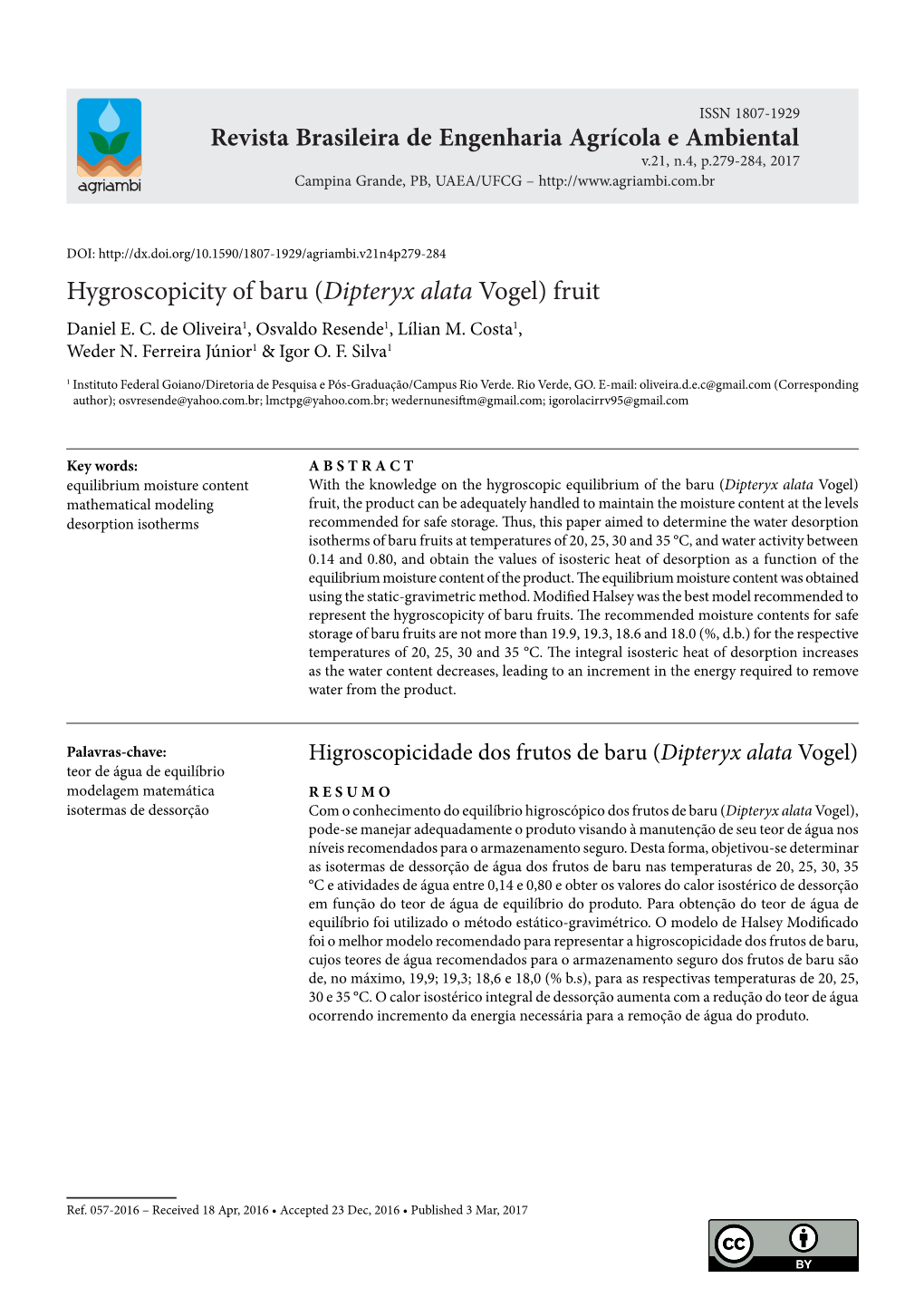 Hygroscopicity of Baru (Dipteryx Alata Vogel) Fruit Daniel E