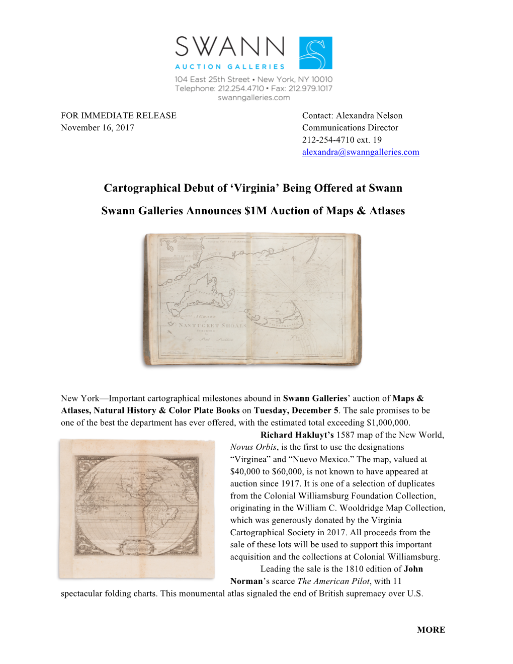 Cartographical Debut of ‘Virginia’ Being Offered at Swann Swann Galleries Announces $1M Auction of Maps & Atlases