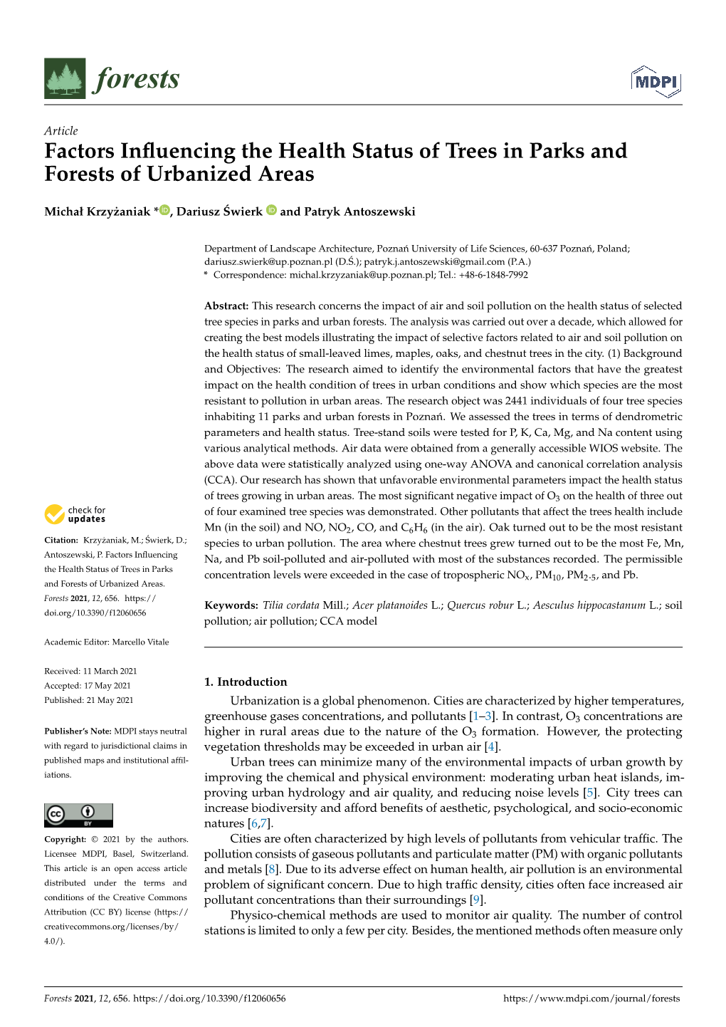 Factors Influencing the Health Status of Trees in Parks and Forests Of