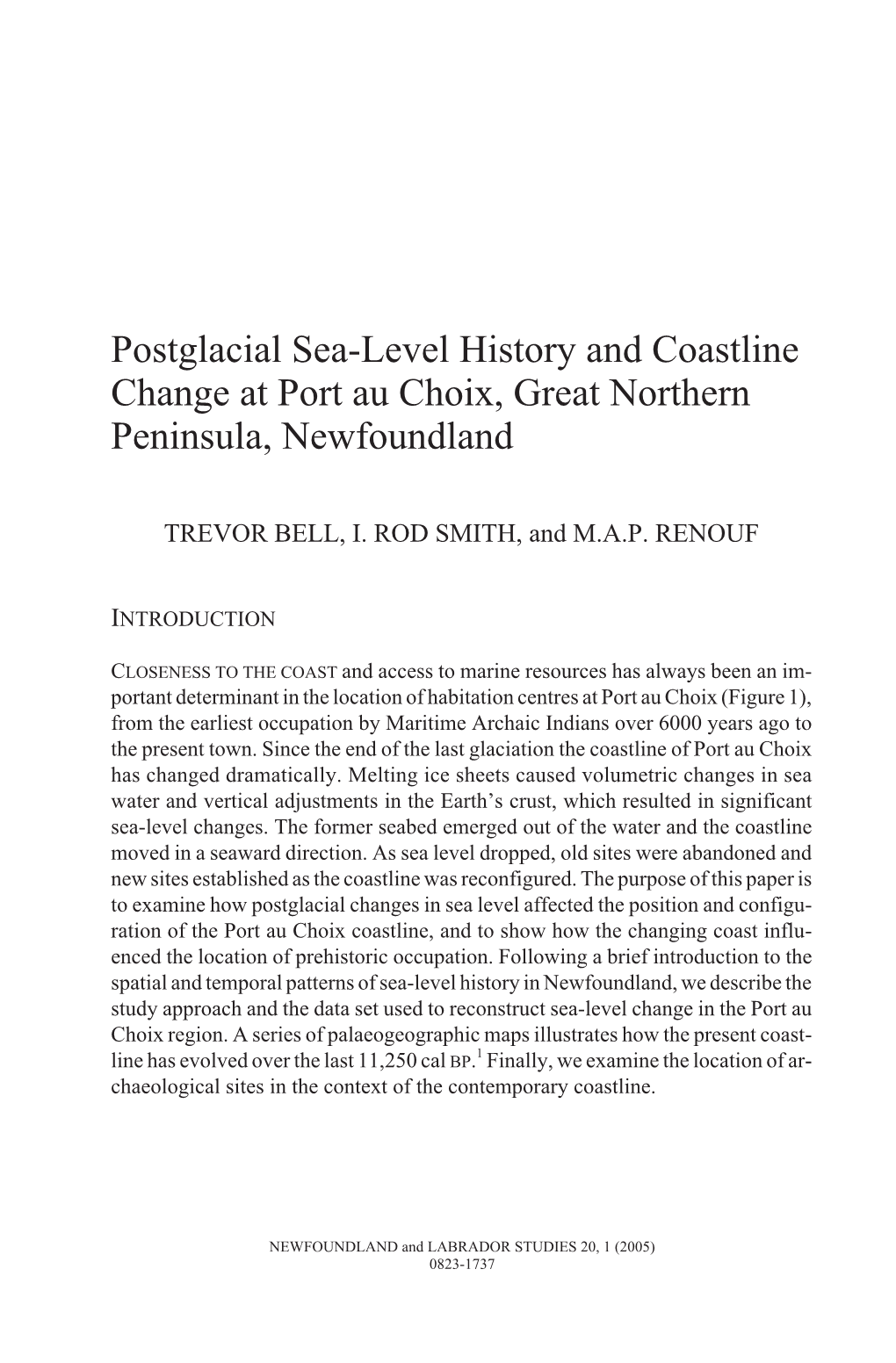 Postglacial Sea-Level History and Coastline Change at Port Au Choix, Great Northern Peninsula, Newfoundland