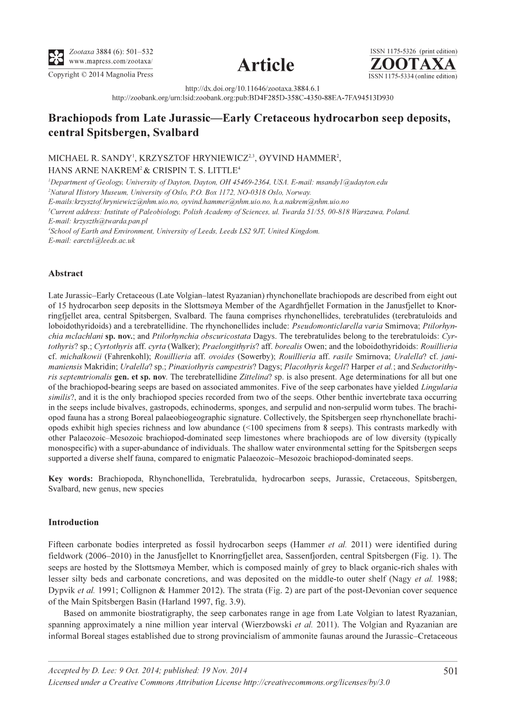 Brachiopods from Late Jurassic—Early Cretaceous Hydrocarbon Seep Deposits, Central Spitsbergen, Svalbard