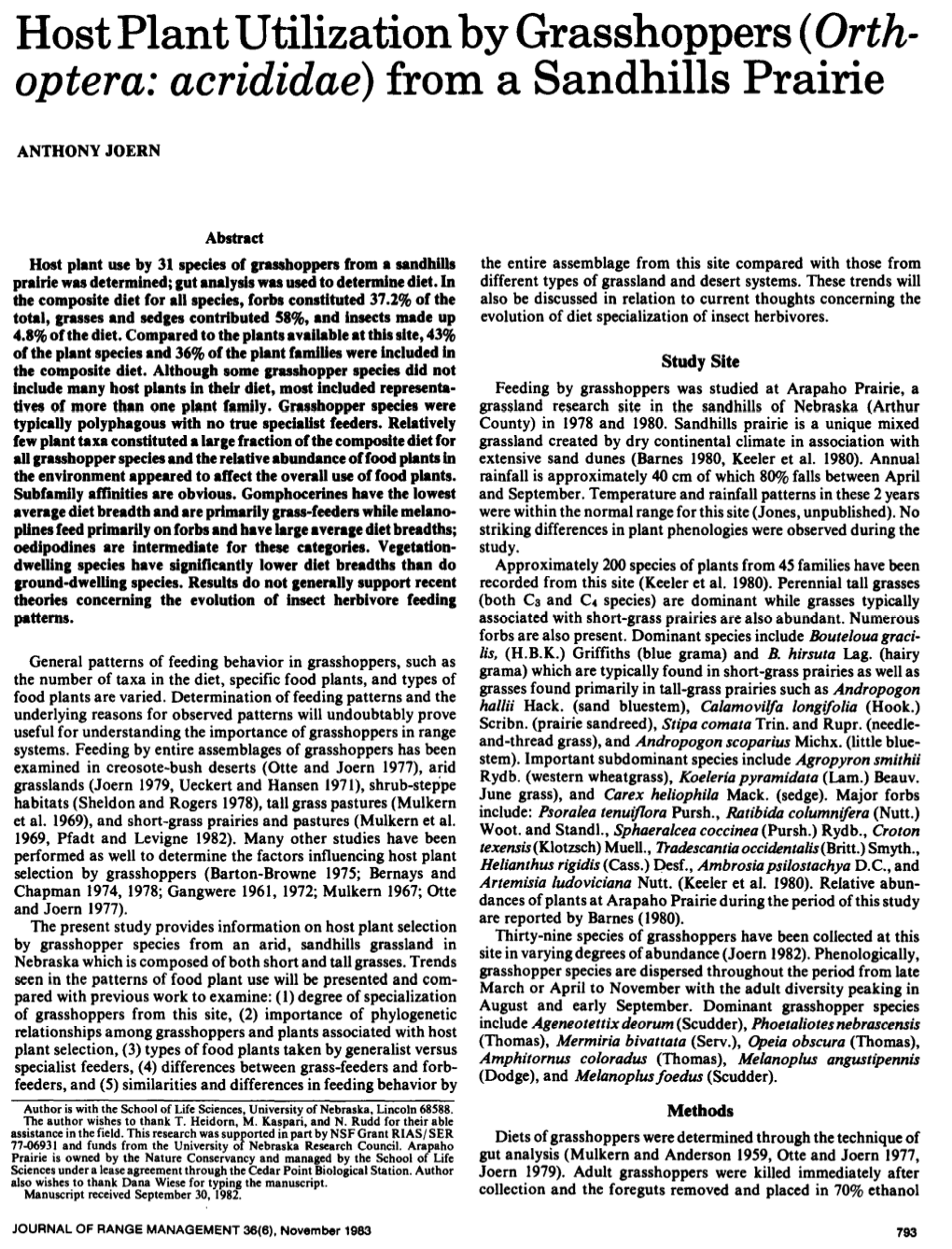 Host Plant Utilization by Grasshoppers (Orth- Optera: Acrididae) from a Sandhills Prairie