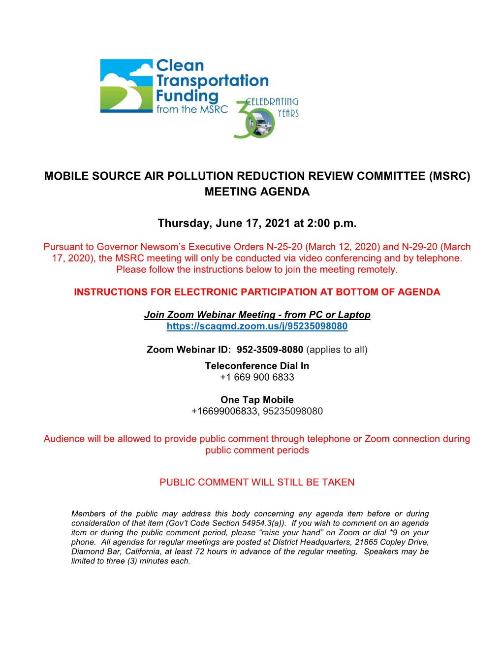 MOBILE SOURCE AIR POLLUTION REDUCTION REVIEW COMMITTEE (MSRC) MEETING AGENDA Thursday, June 17, 2021 at 2:00 P.M
