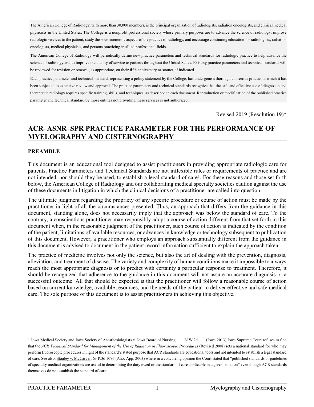 Acr–Asnr–Spr Practice Parameter for the Performance of Myelography and Cisternography