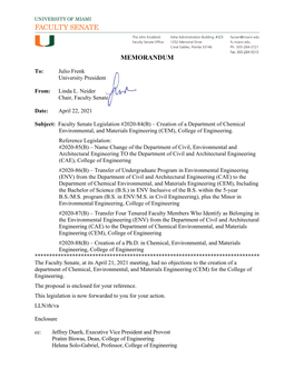 2020-84(B) – Creation of a Department of Chemical Environmental, and Materials Engineering (CEM), College of Engineering