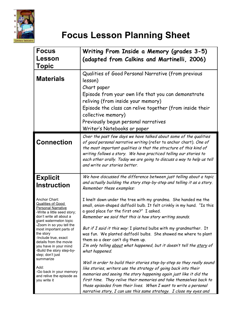 Focus Lesson Planning Sheet s4