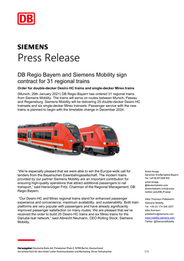 DB Regio Bayern and Siemens Mobility Sign Contract for 31