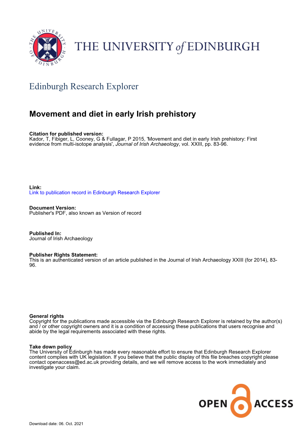 First Evidence from Multi-Isotope Analysis', Journal of Irish Archaeology, Vol