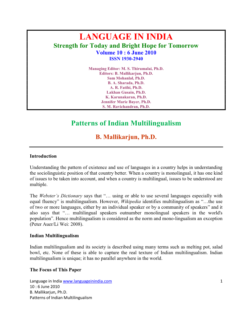 Patterns of Indian Multilingualism