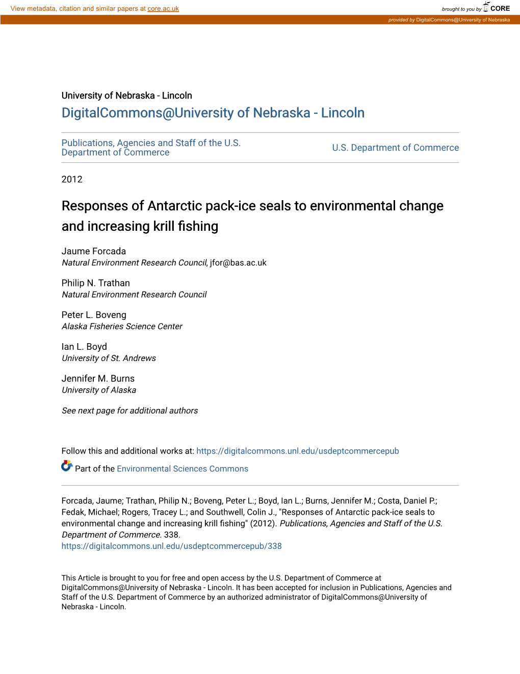Responses of Antarctic Pack-Ice Seals to Environmental Change and Increasing Krill Fishing
