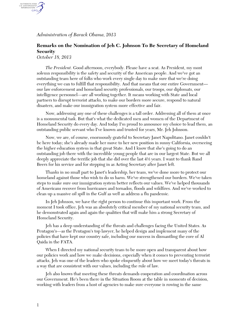 Administration of Barack Obama, 2013 Remarks on the Nomination of Jeh