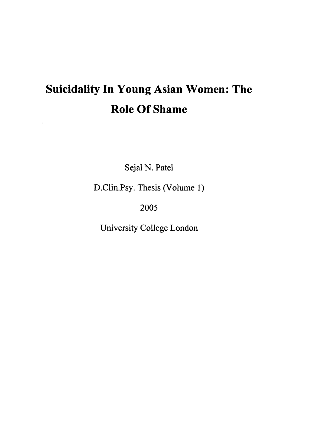 Suicidality in Young Asian Women: the Role of Shame