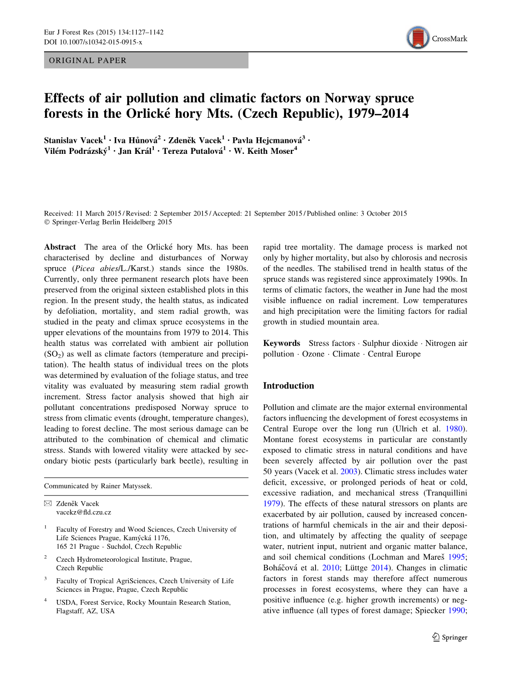 Effects of Air Pollution and Climatic Factors on Norway Spruce Forests in the Orlické Hory Mts