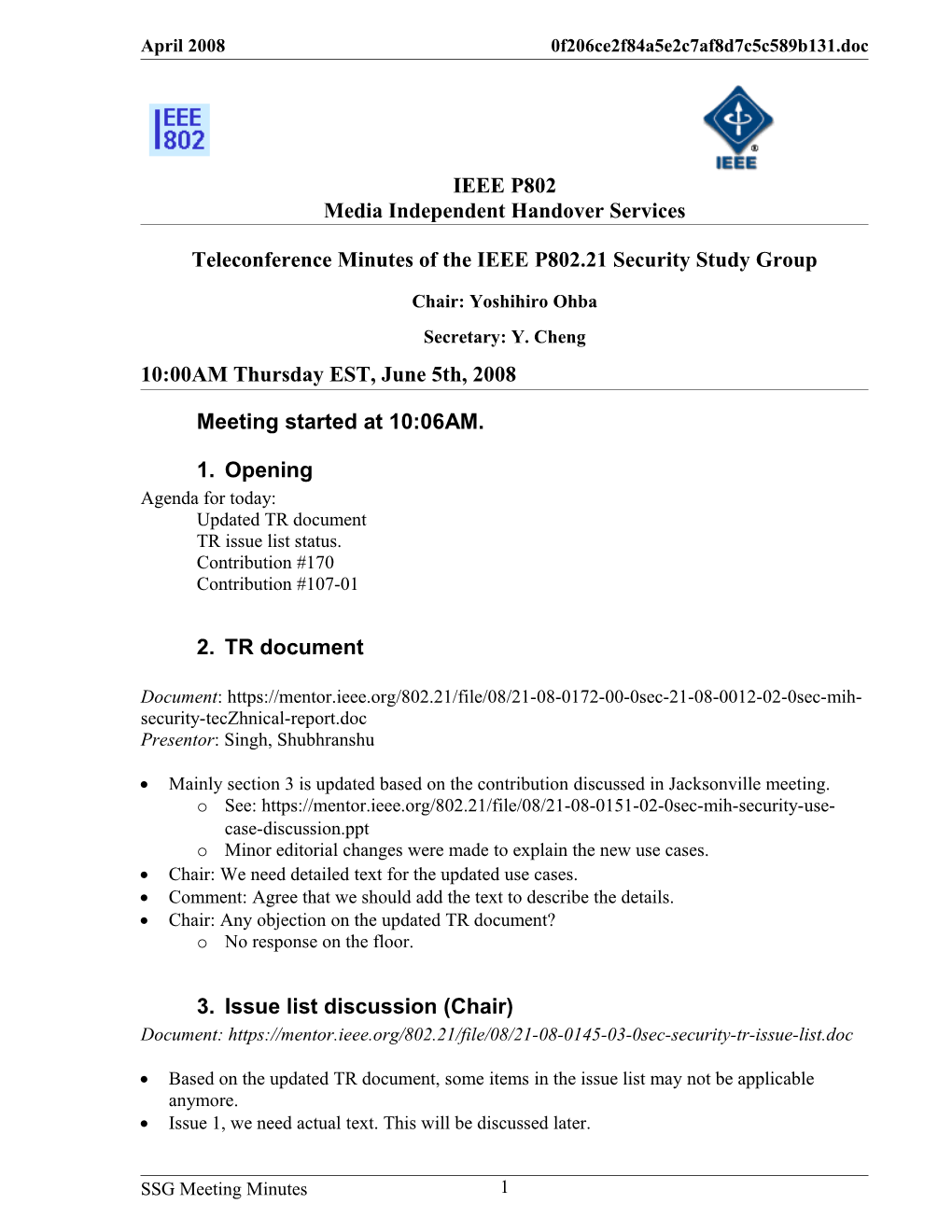 Teleconference Minutes of the IEEE P802.21 Security Study Group