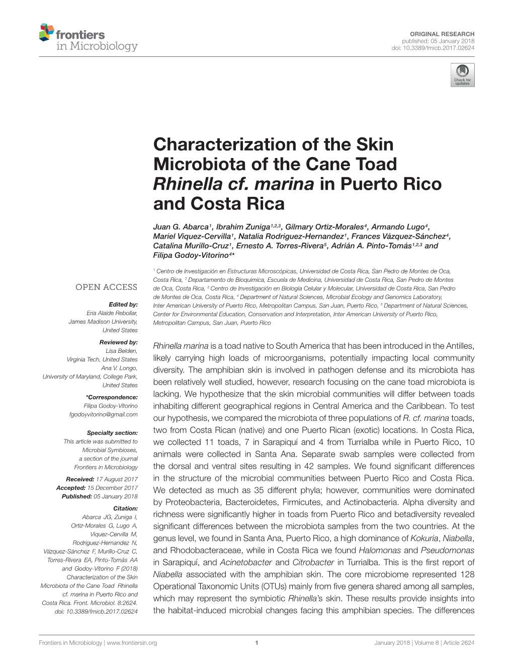 Characterization of the Skin Microbiota of the Cane Toad Rhinella Cf