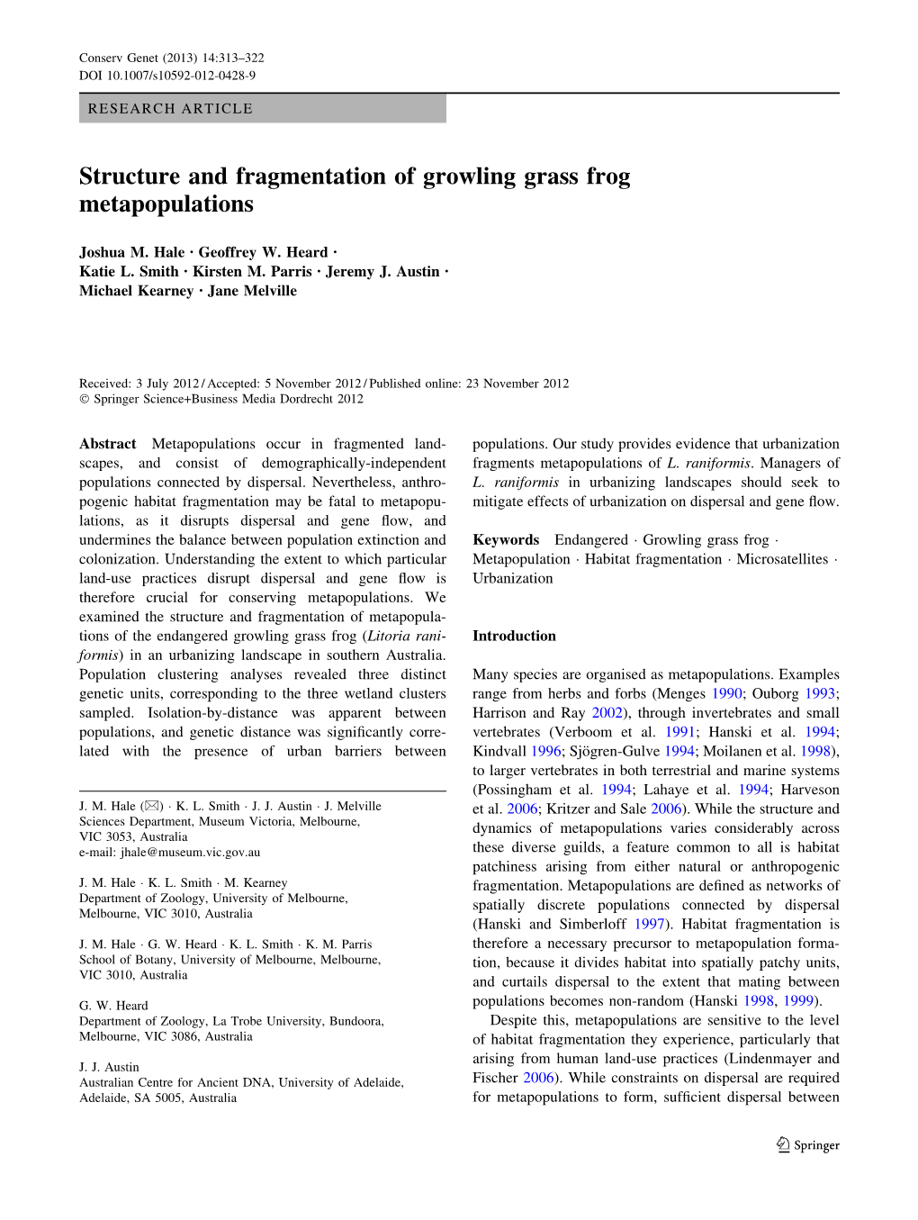 Structure and Fragmentation of Growling Grass Frog Metapopulations