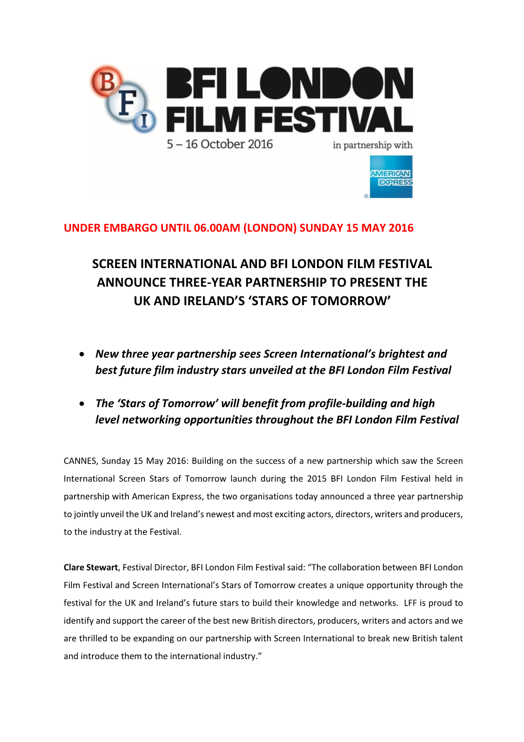 Screen International and Bfi London Film Festival Announce Three-Year Partnership to Present the Uk and Ireland’S ‘Stars of Tomorrow’