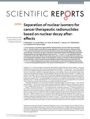 Separation of Nuclear Isomers for Cancer Therapeutic Radionuclides